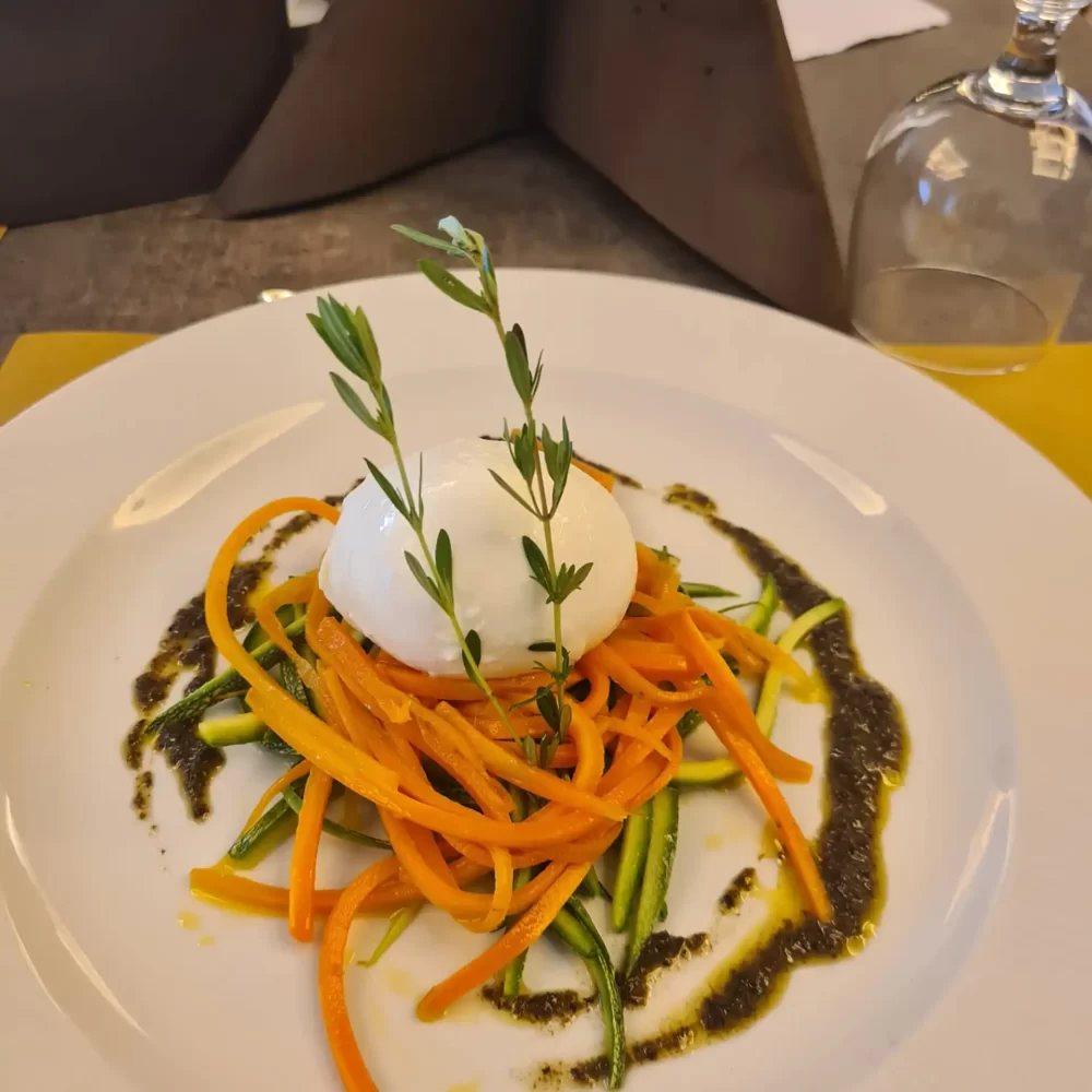 Un piatto di burrata su un letto di julienne di carote e zucchine con decorazione di erbe aromatiche.